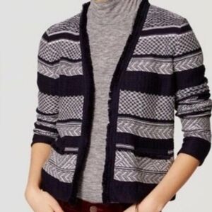 LOFT I LP Navy Blue And White Cotton Jacquard Knit Cardigan